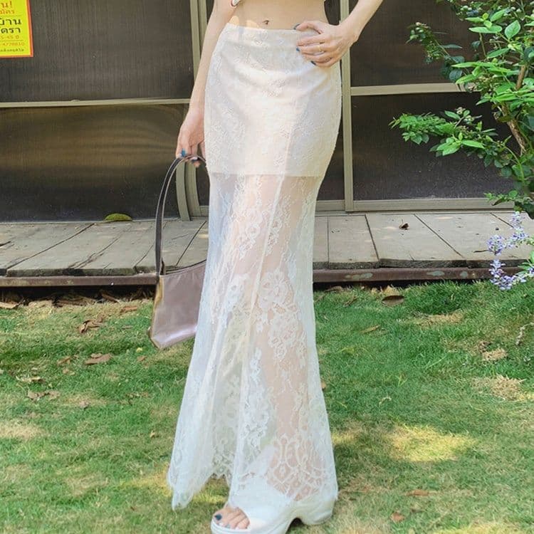 レーススカート レーススカート 優美なる透け感レースマーメイド