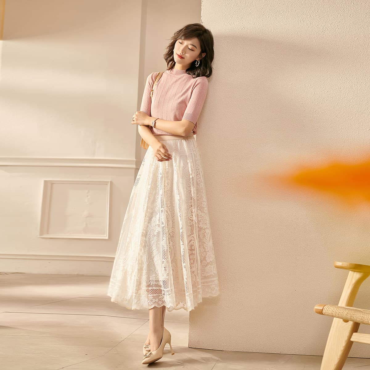 レーススカート かぎ針編みレースのロングフレアスカート