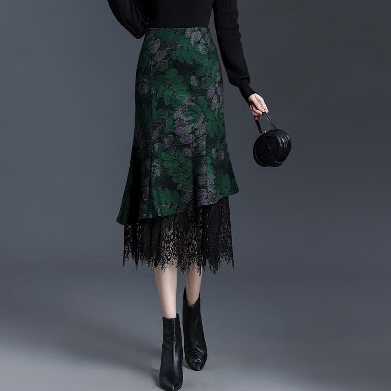 レーススカート 花柄レースタイトフリルスカート