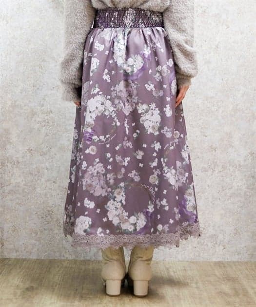 レーススカート 花柄バックレースアップミディスカート