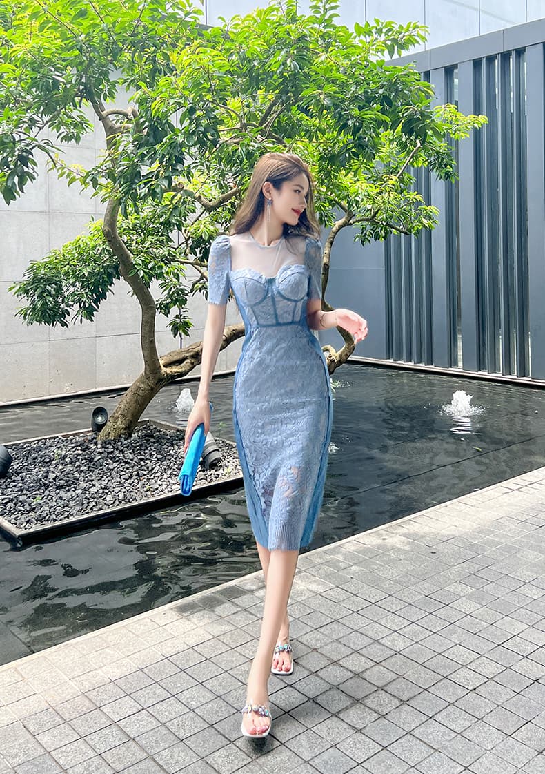 レーススカート 贅沢レース シアーメッシュワンピース