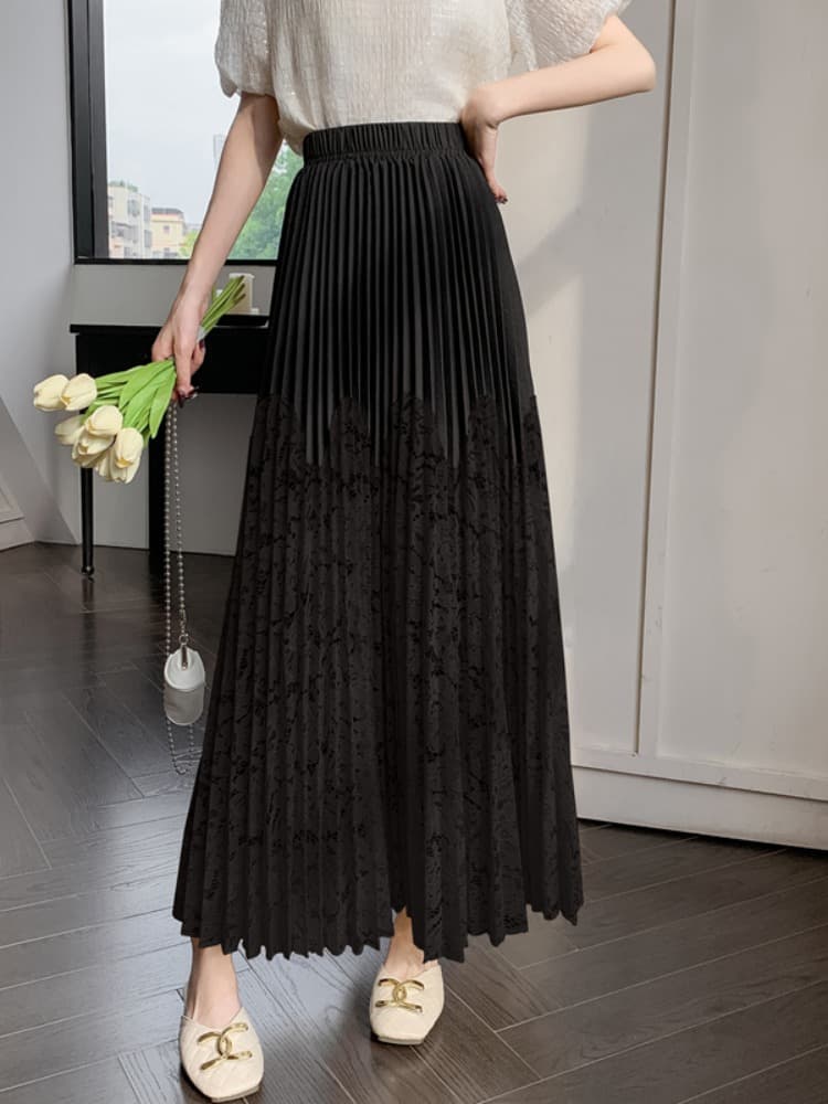 レーススカート 優美プリーツレース切替ロングスカート