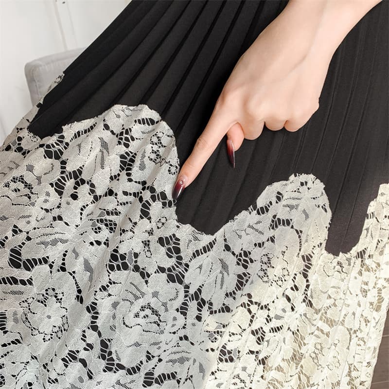 レーススカート 優美プリーツレース切替ロングスカート