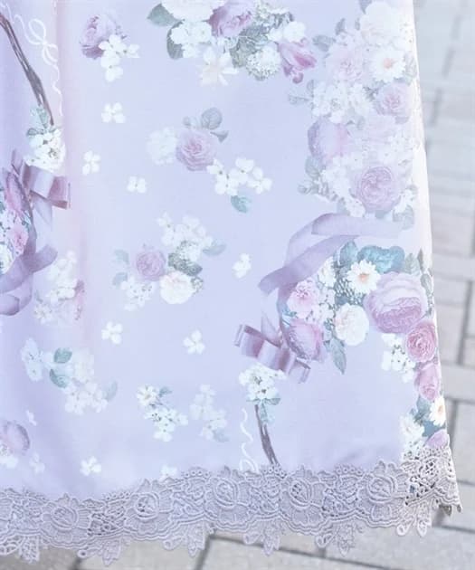 レーススカート 花柄バックレースアップミディスカート