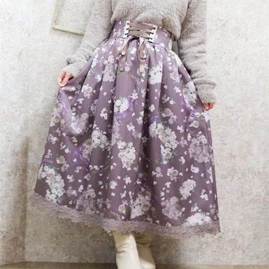 レーススカート 花柄バックレースアップミディスカート
