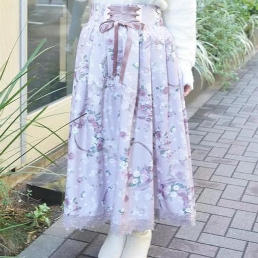 レーススカート 花柄バックレースアップミディスカート